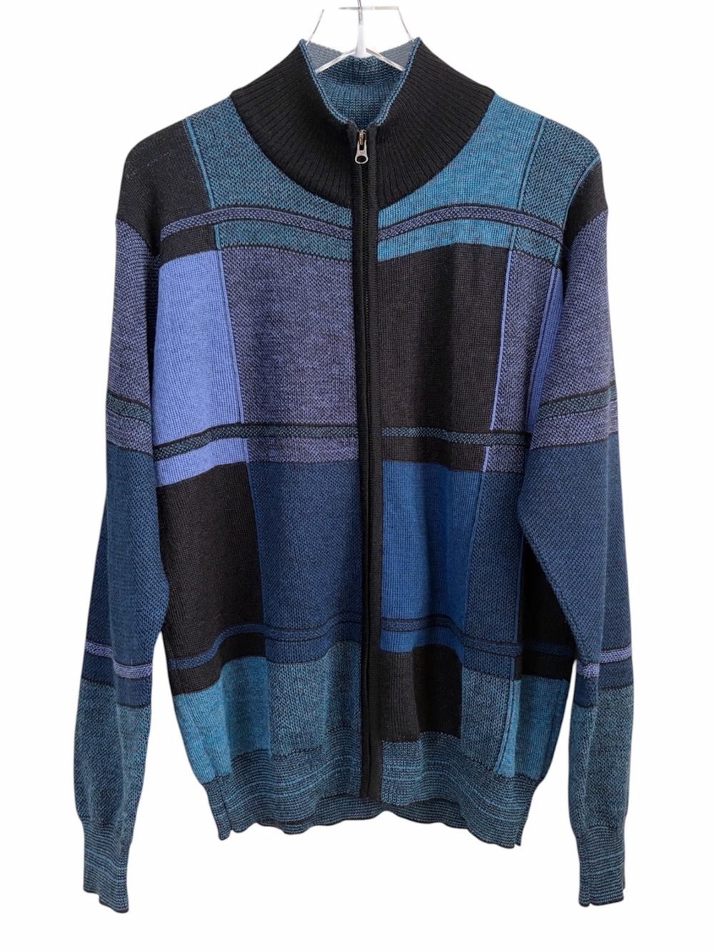 La Vicunita | 100% Baby Alpaca Block Pattern Zip Front Cardigan Sweater Retro
